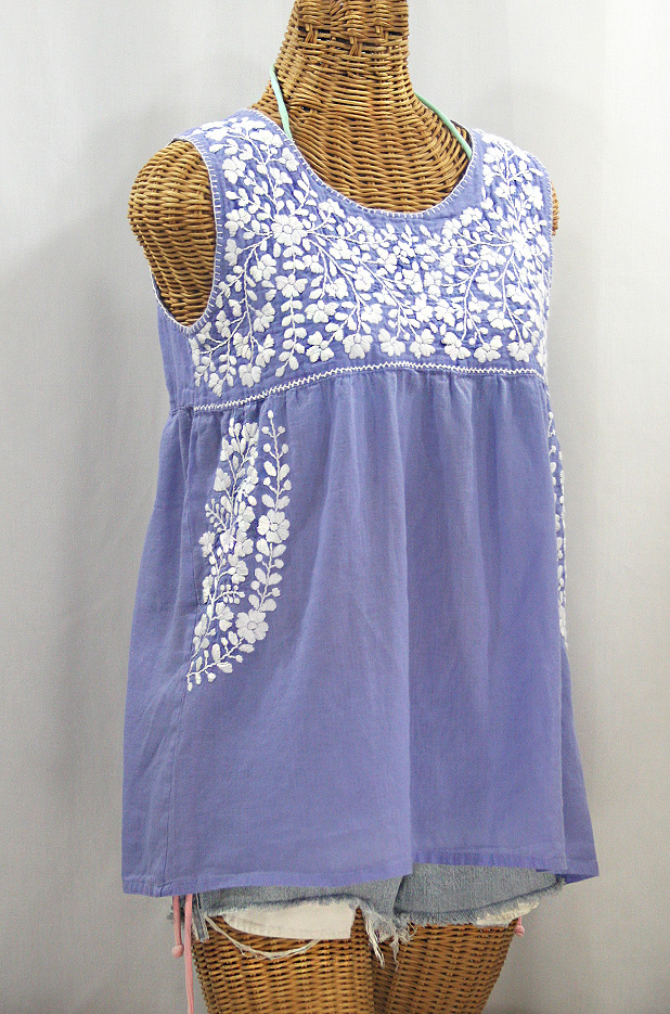 "La Sirena" Sleeveless Mexican Blouse - Periwinkle + White