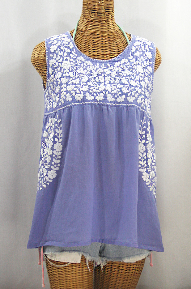 "La Sirena" Sleeveless Mexican Blouse - Periwinkle + White