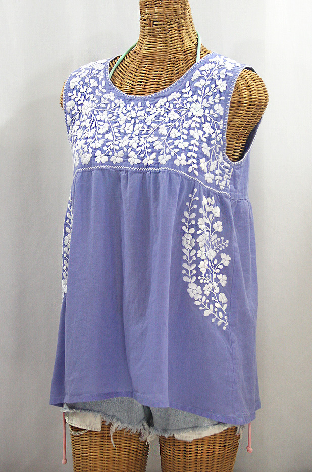 "La Sirena" Sleeveless Mexican Blouse - Periwinkle + White