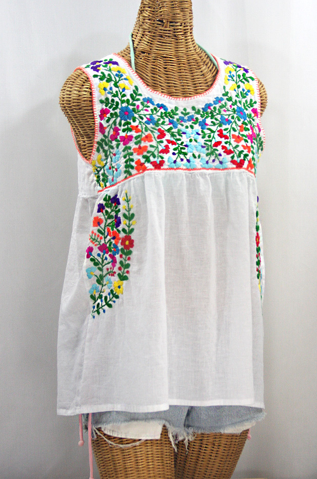 "La Sirena" Sleeveless Mexican Blouse - White + Rainbow