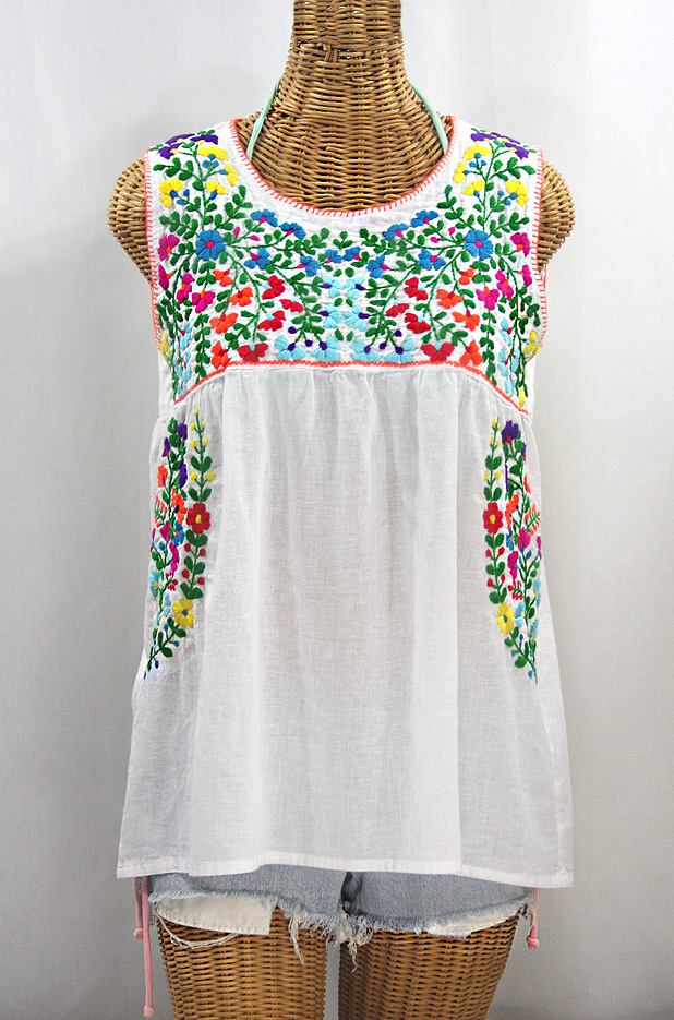 "La Sirena" Sleeveless Mexican Blouse - White + Rainbow