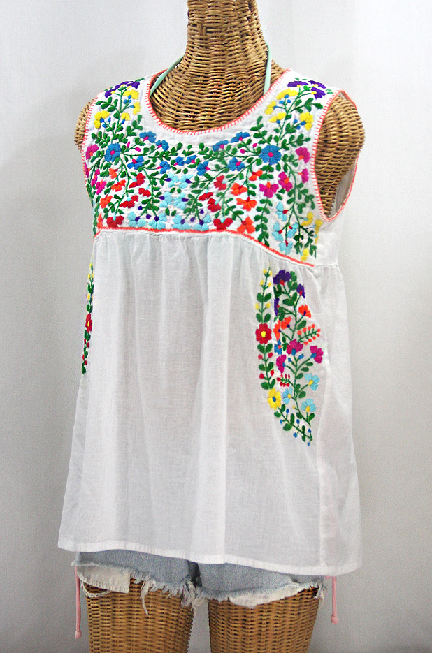 "La Sirena" Sleeveless Mexican Blouse - White + Rainbow