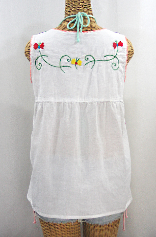 "La Sirena" Sleeveless Mexican Blouse - White + Rainbow