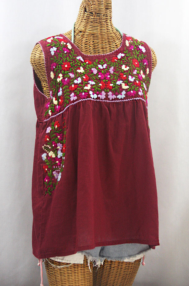 "La Sirena" Embroidered Mexican Style Peasant Top -Burgundy + Multi