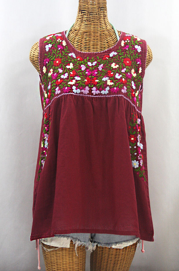 "La Sirena" Embroidered Mexican Style Peasant Top -Burgundy + Multi