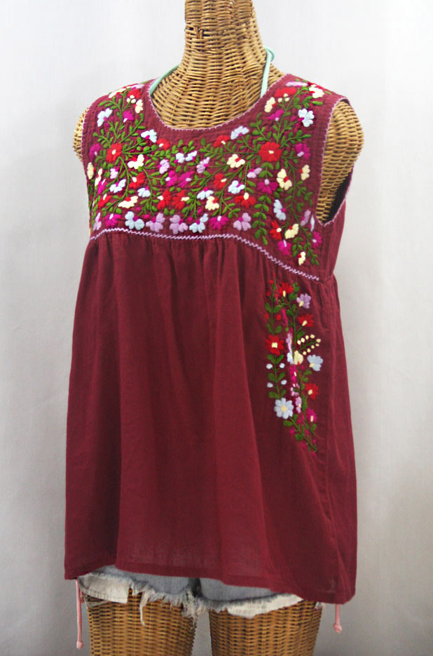 FINAL SALE -- "La Sirena" Embroidered Mexican Style Peasant Top -Burgundy + Multi