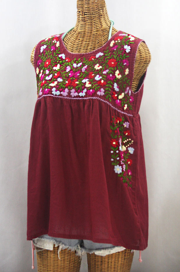 "La Sirena" Embroidered Mexican Style Peasant Top -Burgundy + Multi