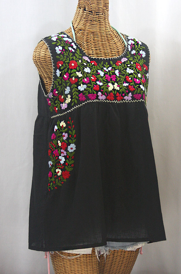 "La Sirena" Embroidered Mexican Style Peasant Top -Black + Multi