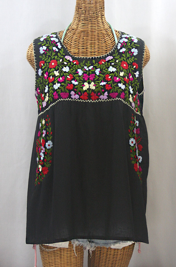 "La Sirena" Embroidered Mexican Style Peasant Top -Black + Multi