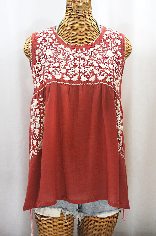 "La Sirena" Sleeveless Mexican Blouse - Terracotta + Cream