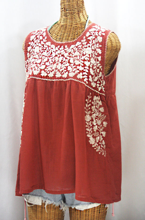 "La Sirena" Sleeveless Mexican Blouse - Terracotta + Cream