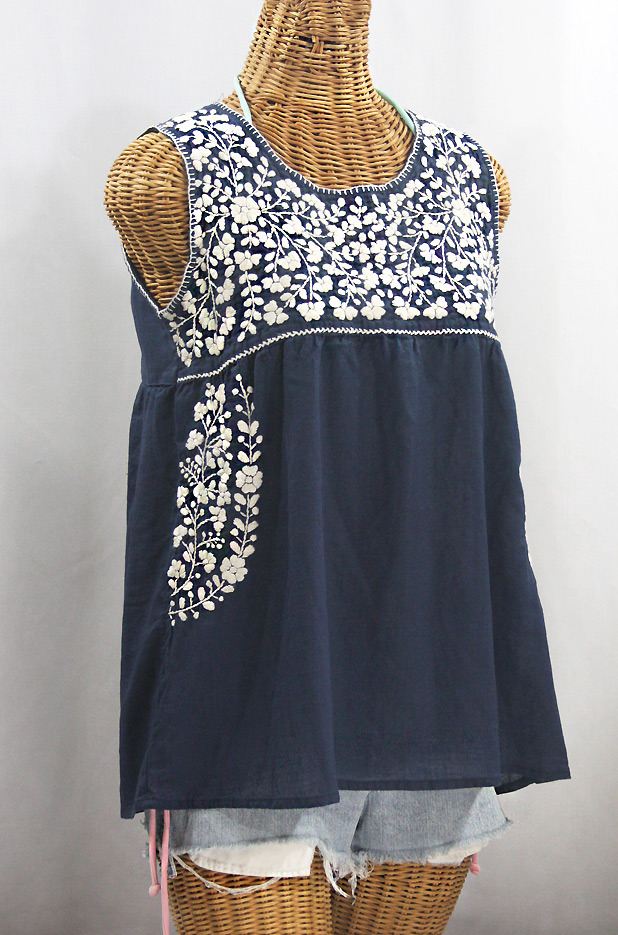 "La Sirena" Sleeveless Mexican Blouse -Navy + Cream