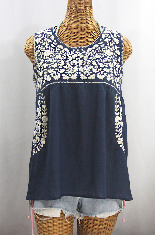 "La Sirena" Sleeveless Mexican Blouse -Navy + Cream