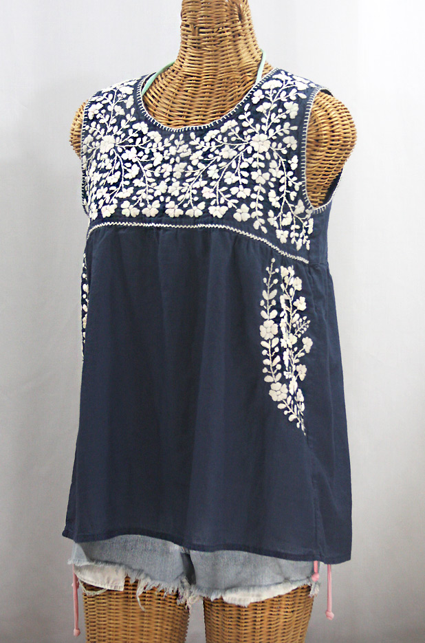 "La Sirena" Sleeveless Mexican Blouse -Navy + Cream