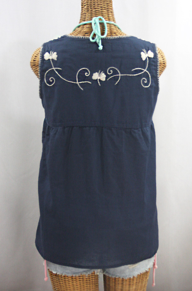 "La Sirena" Sleeveless Mexican Blouse -Navy + Cream