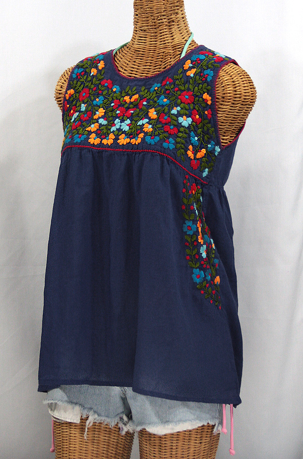 "La Sirena" Sleeveless Mexican Blouse -Navy + Fiesta