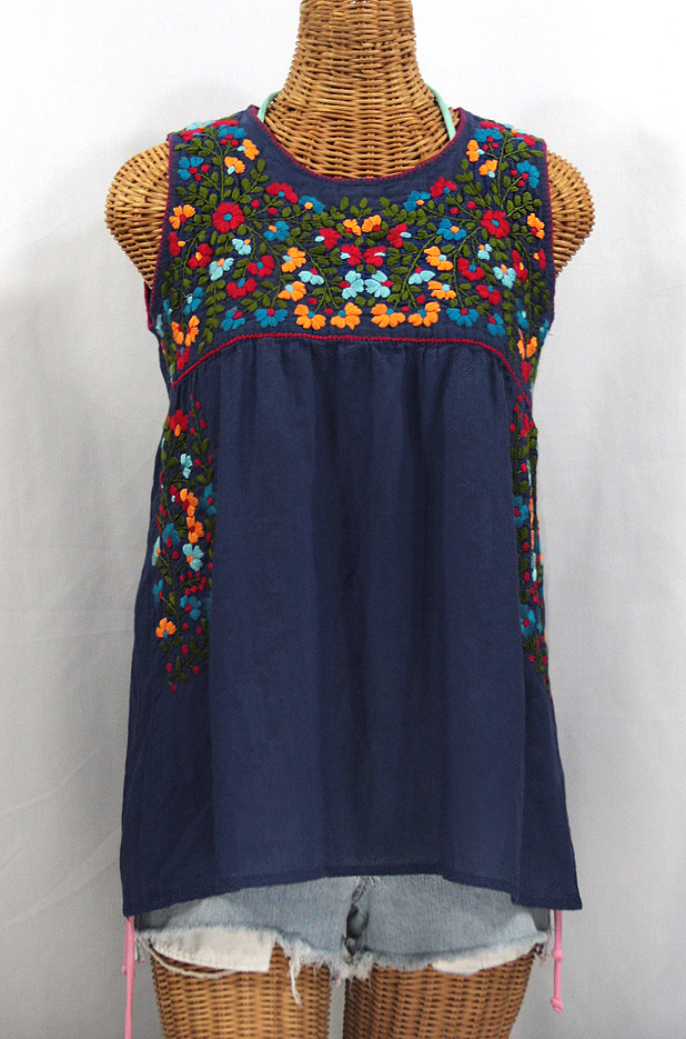 "La Sirena" Sleeveless Mexican Blouse -Navy + Fiesta