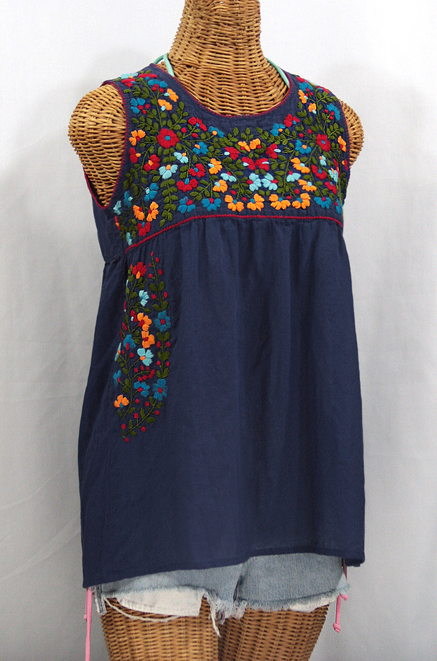 "La Sirena" Sleeveless Mexican Blouse -Navy + Fiesta