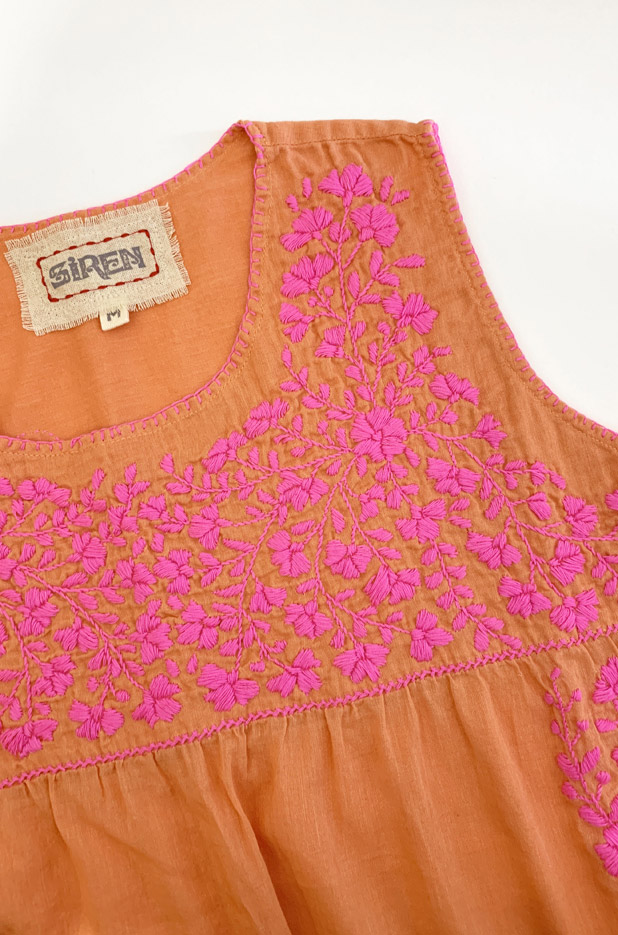 "La Sirena" Sleeveless Mexican Blouse - Orange Cream + Bright Pink