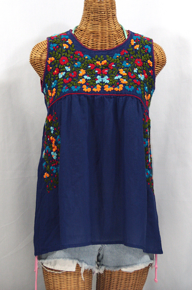 "La Sirena" Sleeveless Mexican Blouse -Denim Blue + Fiesta