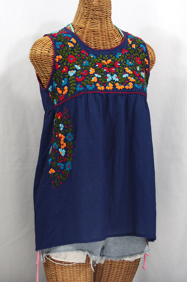 "La Sirena" Sleeveless Mexican Blouse -Denim Blue + Fiesta