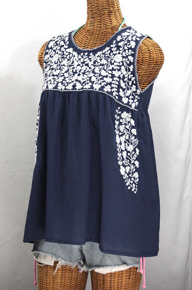 "La Sirena" Sleeveless Mexican Blouse -Navy Blue + White