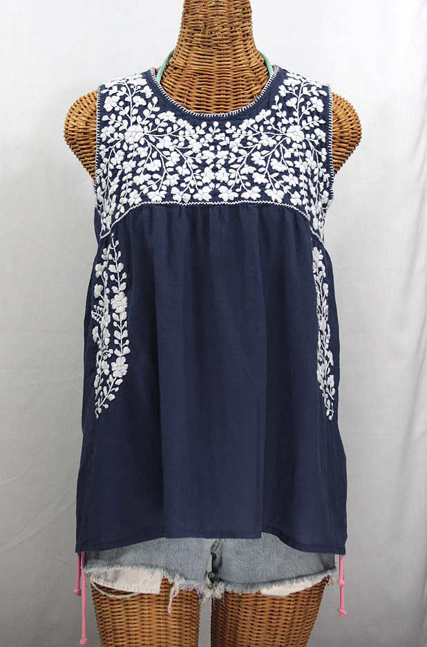 "La Sirena" Sleeveless Mexican Blouse -Navy Blue + White