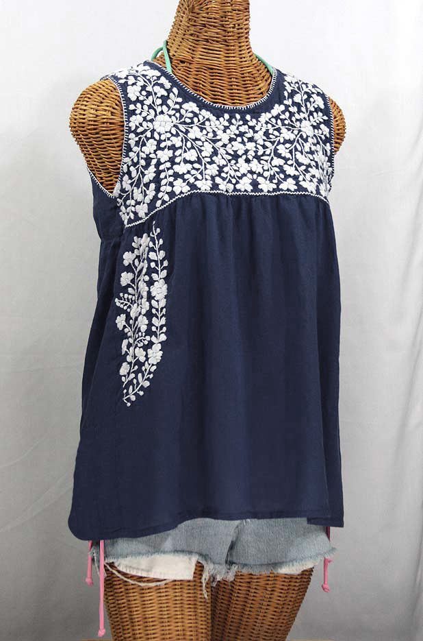 "La Sirena" Sleeveless Mexican Blouse -Navy Blue + White