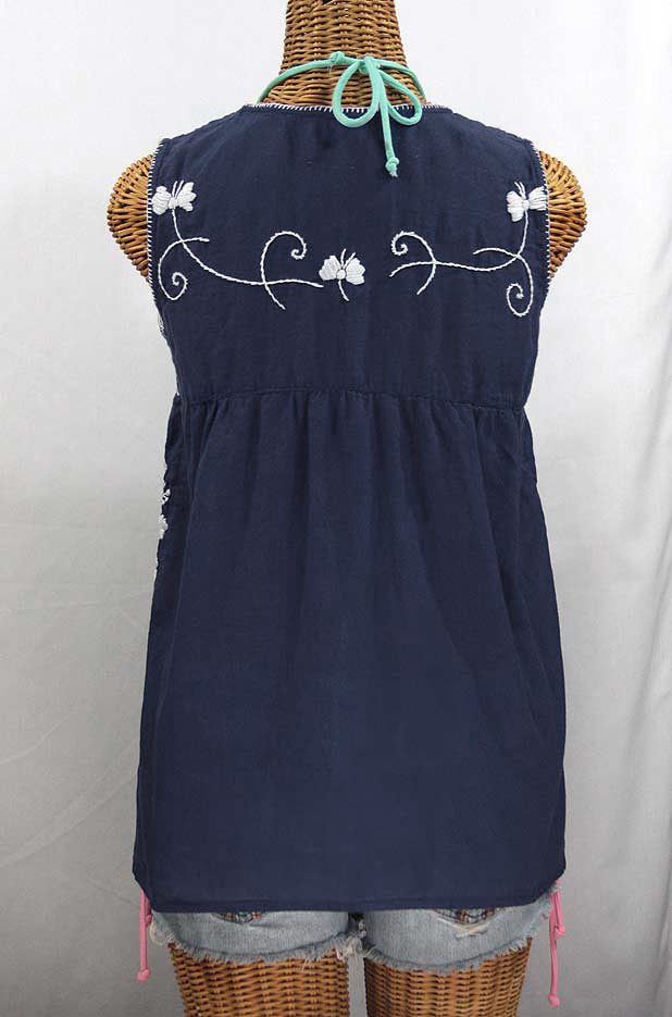 "La Sirena" Sleeveless Mexican Blouse -Navy Blue + White