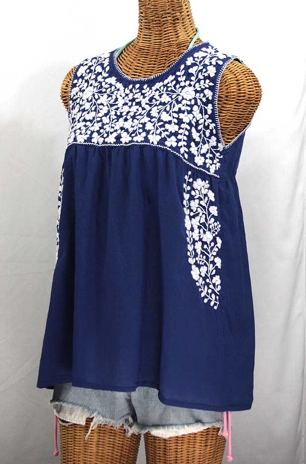 "La Sirena" Sleeveless Mexican Blouse -Denim Blue + White