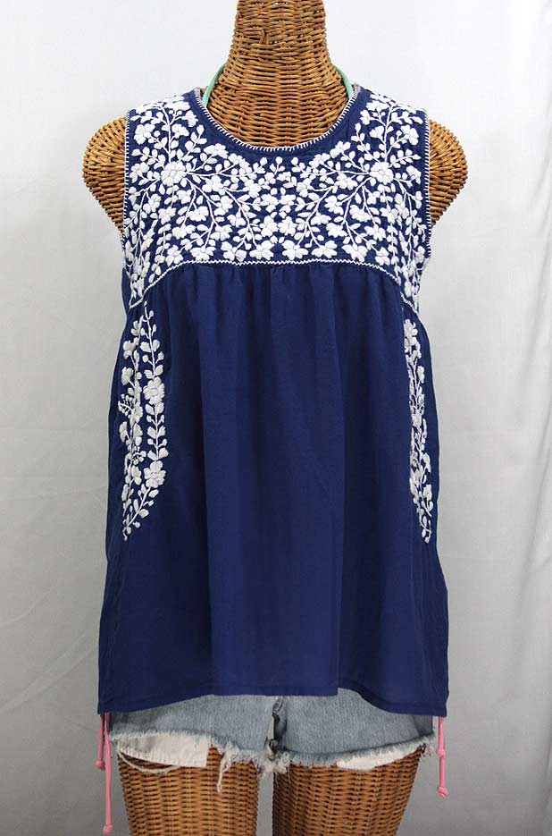 "La Sirena" Sleeveless Mexican Blouse -Denim Blue + White