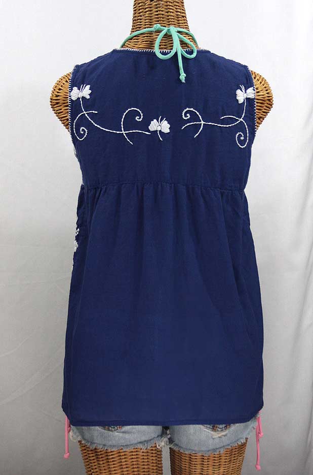 "La Sirena" Sleeveless Mexican Blouse -Denim Blue + White