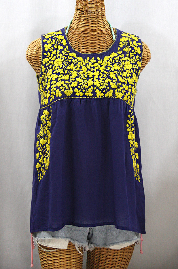 "La Sirena" Sleeveless Mexican Blouse -Denim Blue + Yellow