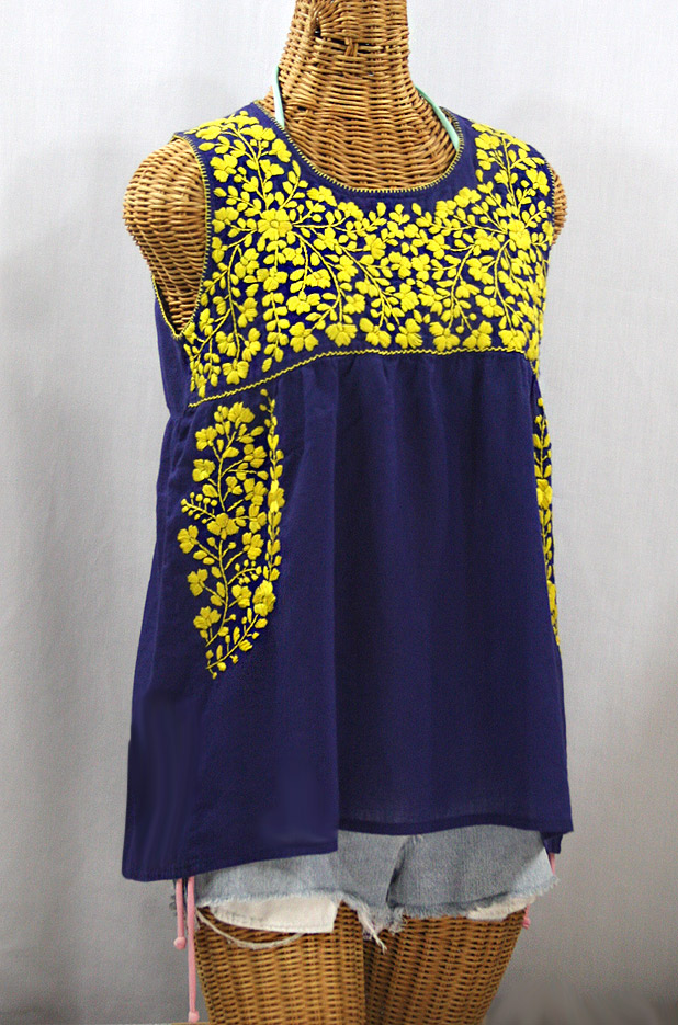 "La Sirena" Sleeveless Mexican Blouse -Denim Blue + Yellow