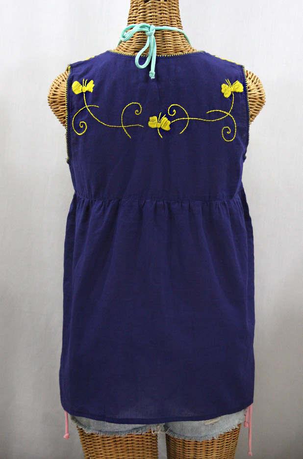 "La Sirena" Sleeveless Mexican Blouse -Denim Blue + Yellow