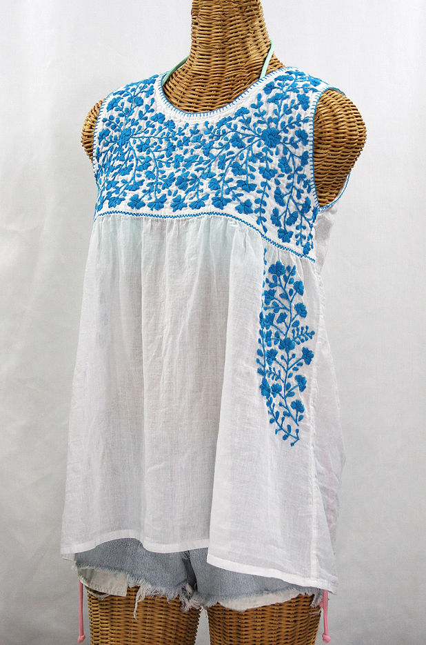 "La Sirena" Sleeveless Mexican Blouse -White + Aqua