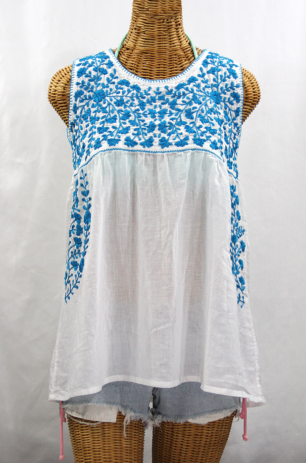 "La Sirena" Sleeveless Mexican Blouse -White + Aqua