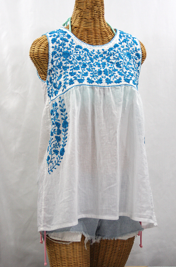 "La Sirena" Sleeveless Mexican Blouse -White + Aqua