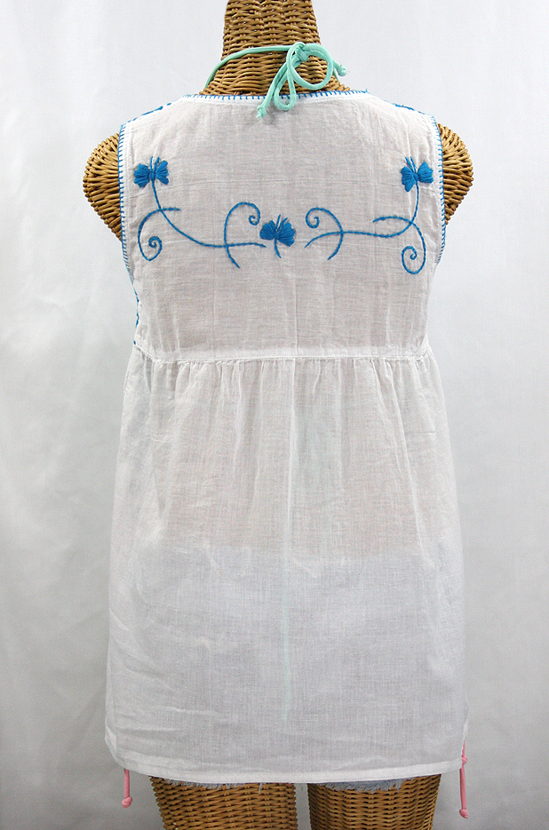 "La Sirena" Sleeveless Mexican Blouse -White + Aqua