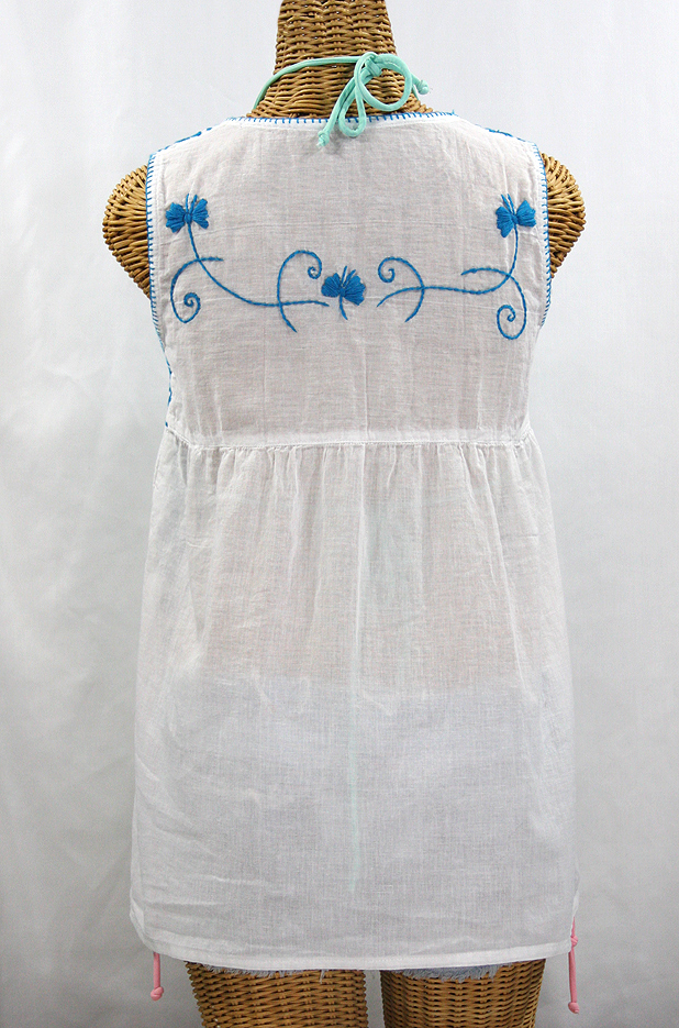 "La Sirena" Sleeveless Mexican Blouse -White + Aqua