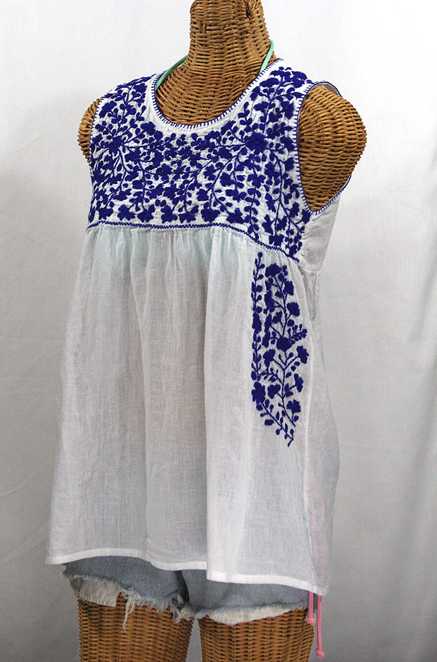 "La Sirena" Sleeveless Mexican Blouse -White + Blue