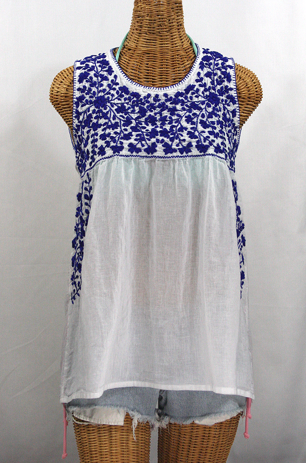"La Sirena" Sleeveless Mexican Blouse -White + Blue
