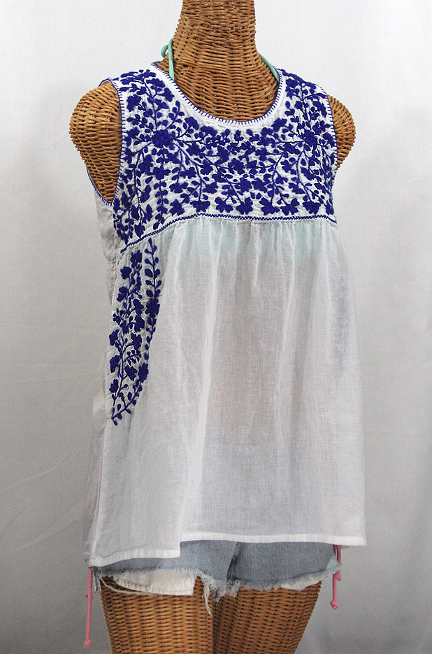 "La Sirena" Sleeveless Mexican Blouse -White + Blue