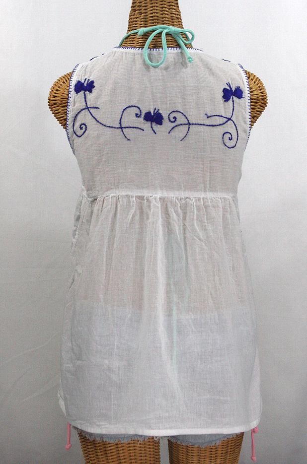 "La Sirena" Sleeveless Mexican Blouse -White + Blue