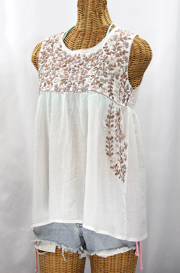 "La Sirena" Sleeveless Mexican Blouse -White + Cocoa Tone