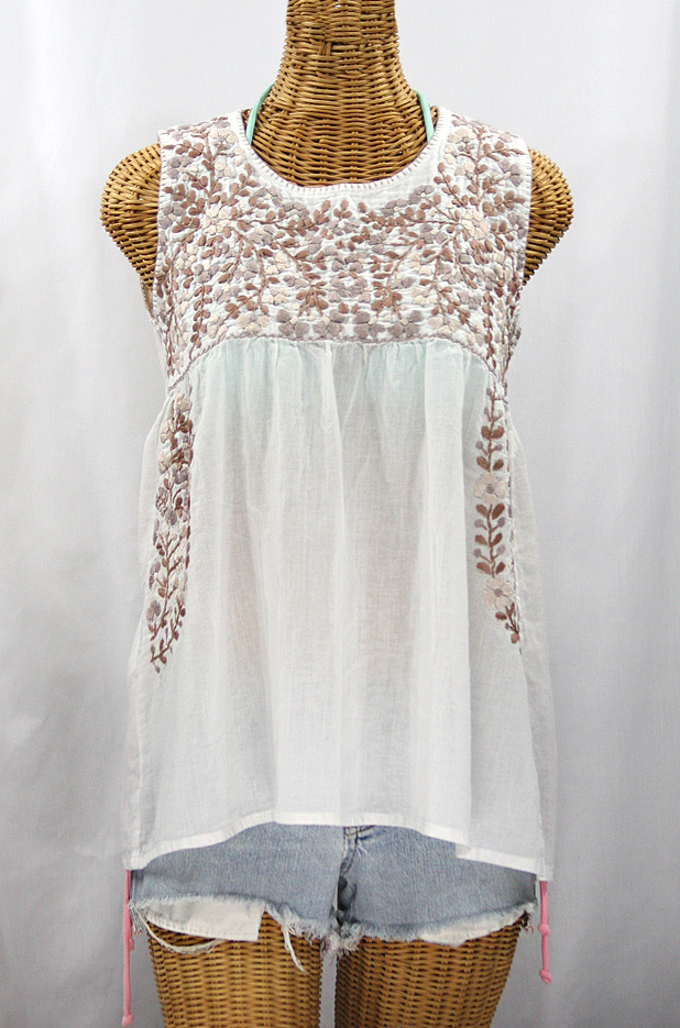 "La Sirena" Sleeveless Mexican Blouse -White + Cocoa Tone