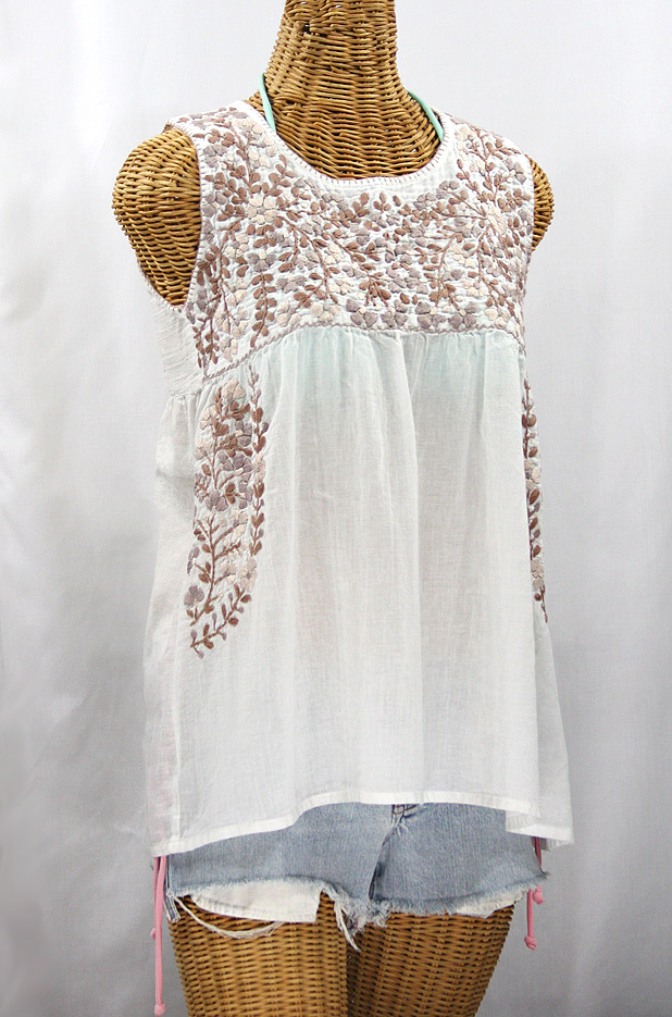 "La Sirena" Sleeveless Mexican Blouse -White + Cocoa Tone