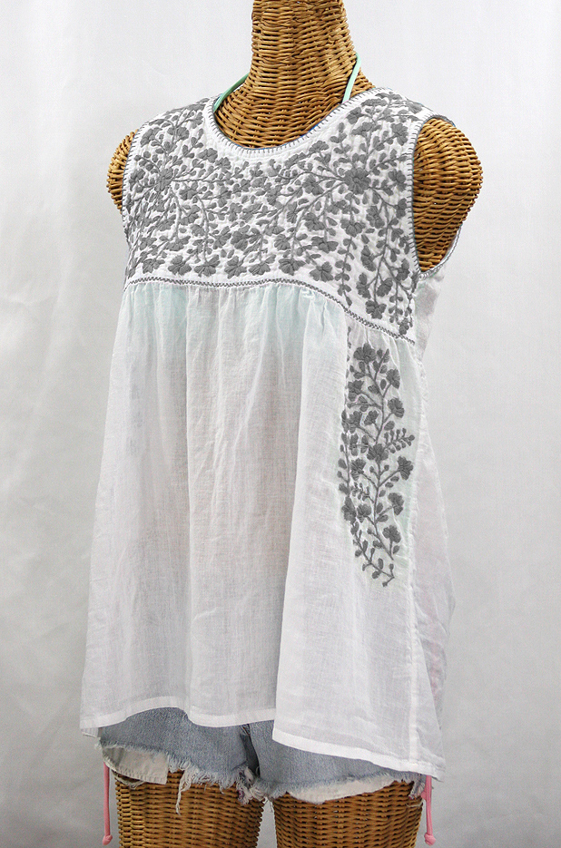 "La Sirena" Sleeveless Mexican Blouse -White + Grey