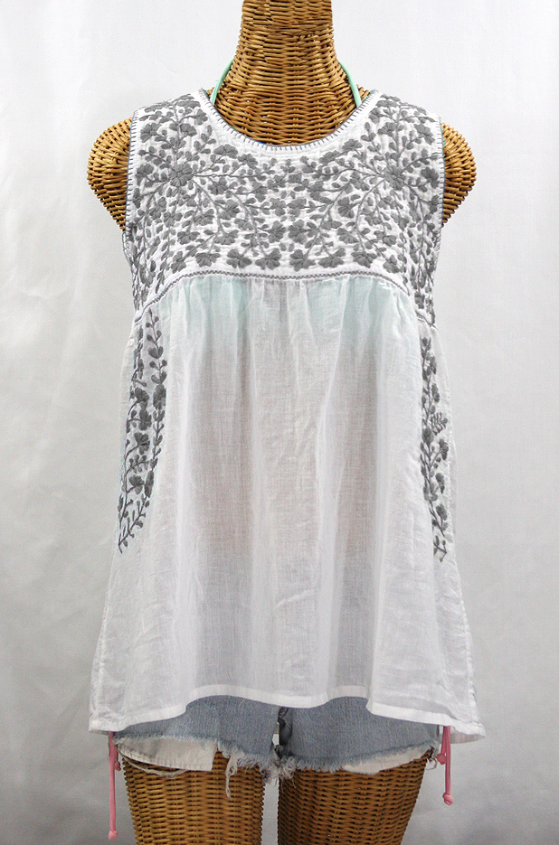 "La Sirena" Sleeveless Mexican Blouse -White + Grey