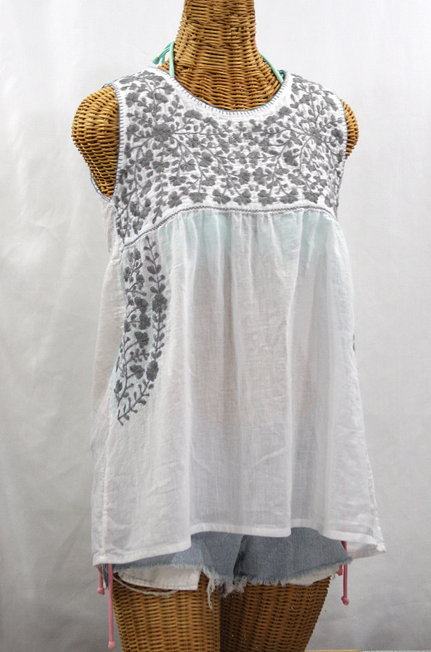 "La Sirena" Sleeveless Mexican Blouse -White + Grey